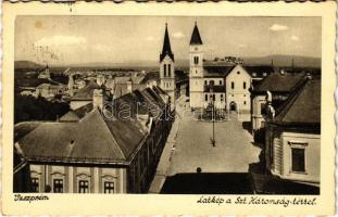 1939 Veszprém, látkép a Szentháromság térrel és szoborral, templomok