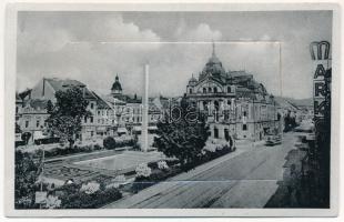 1938 Kassa, Kosice; színház, emlékmű, obeliszk, villamos, Korzó Bazár, Aranyosi, Boros, Markovics üzlete. Leporello 10 képpel / theatre, monument, tram, shops. Leporellocard with 10 images