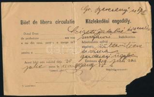 1919 2 db közlekedési engedély román megszállás idejéből, magyar és román nyelven, bélyegzésekkel + ...
