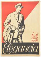 1961 Elegancia - férfi divat. 16 db színes képtáblát tartalmazó mappa. Bp., Minerva (Plakát és Címke Nyomda). Kiadói papírmappában, kissé foltos, 34,5x24 cm