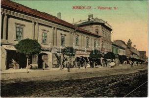 1910 Miskolc, Városház tér, Zálog intézet, cipész, Polgári áruház üzlete, Pannonia szálloda. Grünwald Ignác kiadása