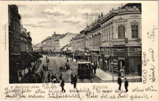 1903 Miskolc, Széchenyi utca, villamos, Rosenberg Gyula szőnyeg áruháza, üzletek. Vadász M. kiadása