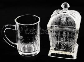 Antik szüreti pohár és cukortartó, domború szőlőmintával, kis pattogzással, m: 12-18 cm