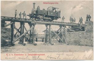 Cs. és kir. vasúti és távirati ezred terhelési próbája, gőzmozdony, vonat / Belastungsprobe eines Provisoriums. K.u.K. Eisenbahn- und Telegraphen Regiment / Austro-Hungarian Railway and Telegraphy Regiment, bridge stress test with locomotive, train. Verlag J.L.K. No. 219. (EB)