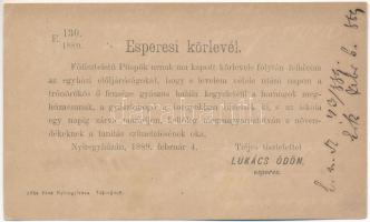 1889 (Vorläufer!!!) Nyíregyháza, Lukács Ödön esperesi körlevele (EK)