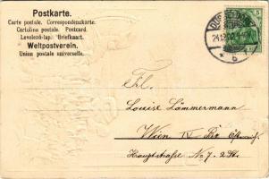 1902 Frohliche Weihnachten / Christmas greeting art postcard with Christmas tree and toys. Emb. lith...