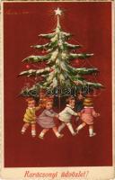 1928 Karácsonyi üdvözlet / Christmas greeting art postcard with Christmas tree and children s: Colombo