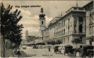 Kolozsvár, Cluj; Colegiul unitariilor / Unitárius Kollégium, Kossuth L. utca, templomok, lovas hintók, Kövendy üzlete. Fuhrmann Miklós kiadása / boarding school, churches, shop, horse chariots (Rb)