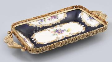 ACF porcelán kis tálca, réz kerettel, kézzel festett, jelzett, hibátlan 13x26 cm