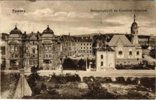 1917 Pozsony, Pressburg, Bratislava; Betegsegélyező és Erzsébet templom. Vasúti levelezőlapárusítás 7339. / medical support office, church (EK)