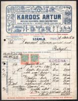 1926 Bp., Kardos Artur műszaki ruggyanta cikkek gyári raktára, díszes fejléces számla, 2x100 korona okmánybélyeggel, bal oldalán lyukasztással