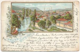 1898 (Vorläufer) Sarajevo, general view with coat of arms. Art Nouveau, floral, litho (EM)