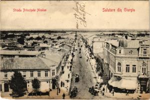 1907 Giurgiu, Gyurgyevó, Gyurgyó; Strada Principele Nicolae / street view, shops (EM)