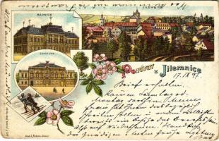 1897 (Vorläufer!) Jilemnice, Radnice, Sokolna / town hall, Sokol building, winter sport, ski. Art Nouveau, floral, litho (worn corners)