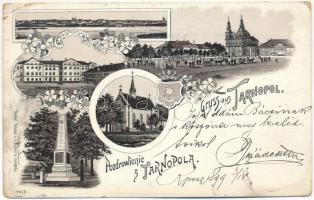 1899 (Vorläufer) Ternopil, Tarnopol; market square, church, monument, coat of arms. Art Nouveau, floral, litho (EK)