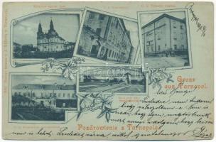 1898 (Vorläufer) Ternopil, Tarnopol; Kosciól rzym. kat., C. k. Gimnazyum, C. k. szkola realna, Most przy ulicy, C. k. seminaryum nauczyeíelskie / church, grammar school, bridge, seminary. Art Nouveau, floral, litho (EK)