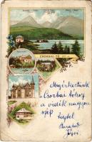 1897 (Vorläufer!) Tátra, Magas-Tátra, Vysoké Tatry; Csorba-tó, Szoliszkó, Csorbai-csúcs, Bástya, Hotel Klimo, villa. M. Kuschel / Strbské Pleso, Solisko, Basta, hotel, villa. Art Nouveau, floral, litho (EK)