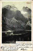 1903 Tátra, Tatry; Fehérpataki völgy, Zöld tó a Frigyes főherceg menházzal, Karbunkulustorony ködben. Feitzinger Ede 514. 1902/12. / Weisswasserthal, Grüner See, Der Karfunkelthurm im Nebel u. d. Erzh. Friedr. Schutzhaus / lake, rest house, mountain (EK)