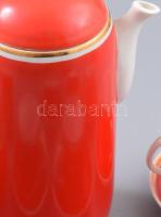 Hollóházi retró piros porcelán mokkás készlet, matricás, jelzett, kopásokkal, teljes