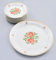 Hollóházi virágmintás süteményes készlet, jelzett, kis kopással, d: 19-30 cm