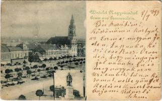 1899 (Vorläufer) Nagyvárad, Oradea; piac, Szent László szobor. Helyfi László kiadása / market, monument (non PC) (fl)