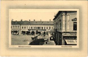 1912 Máramarossziget, Sighetu Marmatiei; Erzsébet főtér, Máramarosi leszámítolóbank részvénytársaság, Silberstein cipőgyár üzlete. W.L. Bp. 6075. 1912-15. Wizner és Dávid kiadása / square, bank, shop (Rb)