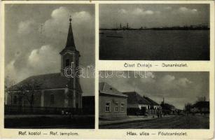 1941 Izsa, Iza (Komárom, Komárno); Ref. kostol, Ciast Dunaja, Hlav. ulica / Református templom, Duna részlet, Fő utca. Horváth Károly kiadása / Calvinist church, Danube, main street (EK)