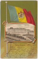 1903 Turnu Severin, Szörényvár; Parcul si Liceul Traian / school and park. Art Nouveau litho montage with Romanian flag (fl)