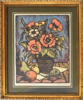 Réti Mátyás (1922-2002): Pipacsok. Linómetszet, papír. Jelzett. Üvegezett, dekoratív fa keretben. 36x27,5 cm