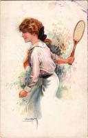 Teniszező hölgy. Olasz művészlap / Tennis player lady, Italian art. Erkal No. 336/4. s: Usabal (EB)