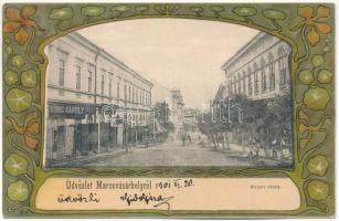 1901 Marosvásárhely, Targu Mures; Bolyai utca, König Károly, Schmidt üzlete. Holbach Ede kiadása. Szecessziós litho keret / street view, shops. Art Nouveau, litho frame (fa)