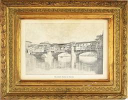 Firenze, Ponte Vecchio. Rotációs fametszet, papír, jelzés nélkül. Dekoratív, üvegezett, kissé sérült fakeretben. 15,5x23 cm