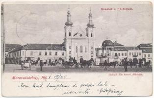 1901 Marosvásárhely, Targu Mures; Fő tér, Mózes József, Petelei János üzlete. Holbach Ede kiadása / main square, shops (fa)