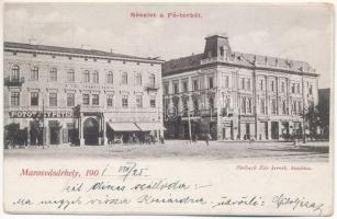 1901 Marosvásárhely, Targu Mures; Fő tér, Hotel Transilvania szálloda és kávéház, Pototzky Péter, Bocsánczy Márton, Böszörményi Lajos, Várady Gyula, Lukács János üzlete. Holbach Ede kiadása / main square, hotel and café, shops (EB)