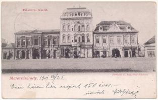 1901 Marosvásárhely, Targu Mures; Fő utca, Muntyán Géza, Petrás Géza, Szalmásy Gyula, Hary Géza, Schwartz János, József Emil üzlete. Holbach Ede kiadása / main street, shops (EK)