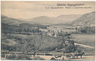 1910 Feredőgyógy, Fürdőgyógy, Algyógyfürdő, Geoagiu-Bai, Feredeu; Új út Algyógyfürdőre, kilátás a nagyalmási hegyekre. Adler fényirda 1908. / new road (EK)