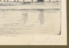 Szabó Vladimir (1905-1991): Dunapart (Budapest). Rézkarc, papír, jelzett. Üvegezett fakeretben, 19,5...