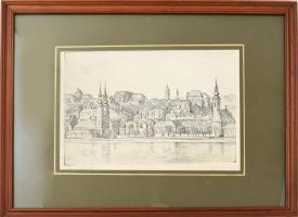 Szabó Vladimir (1905-1991): Dunapart (Budapest). Rézkarc, papír, jelzett. Üvegezett fakeretben, 19,5...