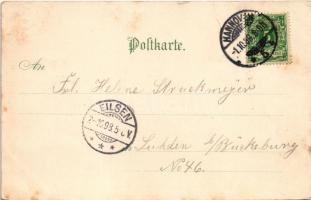 1898 (Vorläufer) Gruss vom Lawn-Tennis Platz! / Tenisz pálya / Tennis court, sport. Art Nouveau lith...