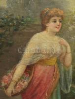 H. Waldek jelzéssel, XIX. sz. vége/XX. sz. eleje: Virágárus lány. Olaj, vászon. Kissé sérült. 53x26 ...