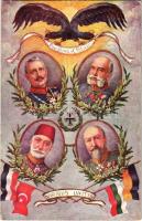 Pro Gloria et Patria! Viribus Unitis / Első világháborús propaganda lap a Központi Hatalmak uralkodóival és zászlókkal: V. Mehmed, I. Ferdinánd, II. Vilmos, Ferenc József / WWI Austro-Hungarian K.u.K. military Viribus Unitis and Central Powers propaganda: Mehmed V, Ferdinand I of Bulgaria, Wilhelm II, Franz Joseph I of Austria