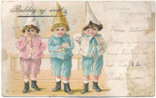 1899 (Vorläufer) Boldog újévet! Iskolába maradnak / New Year greeting, children. litho (fl)