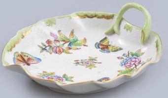 Herendi Viktória mintás leveles tál, kézzel festett, jelzett, fülénél kis repedés, kopott, 20x18 cm