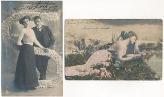 15 db RÉGI zsáner képeslap vegyes minőségben: hölgyek, szerelmes párok / 15 pre-1945 postcards in mi...