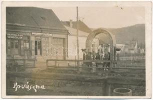 Kovászna, Covasna; Bartók Lajos vendéglős, Köröndy Lajos mészáros és hentes üzlete, borvíz kút / shops, restaurant, mineral water fountain. photo (fl)