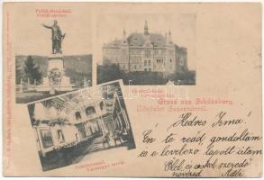 1900 Segesvár, Schässburg, Sighisoara; Petőfi szobor, Vármegyeház, Vármegye terem / Petőfi-Denkmal, Comitatshaus, Comitatssaal / monument, county hall, interior (vágott / cut)