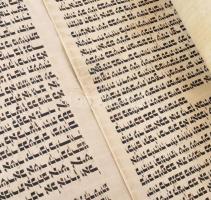 XX. sz. Régi tóratekercs, pergamen, a fa egyik fogója letört, foltos, h: 70 cm