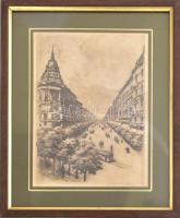 Olvashatatlan jelzéssel (paszpartu által takarva): Budapest, Vilmos császár út/Váci körút (Bajcsy-Zsilinszky út) - Andrássy út sarok villamossal. Rézkarc, papír. Kissé foltos. Üvegezett fakeretben. 23x16 cm