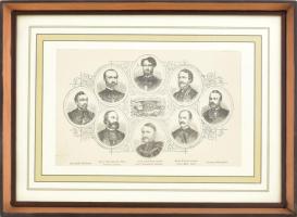 1867 Magyar ministerium, az 1867. évi magyar kormány tagjainak arcképei (Andrássy Gyula, Eötvös József, Festetich György, Lónyay Menyhért stb.), rotációs fametszet, papír, 9×5,5 cm. Üvegezett fakeretben. 12x19 cm