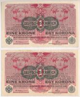 1916. 1K zöld "DEUTSCHÖSTERREICH" felülbélyegzéssel (2x) sorszámkövetők T:AU,XF egyiken folt Hungary 1916. 1 Krone with green "DEUTSCHÖSTERREICH" overprint (2x) consecutive serials C:AU,XF one with spot Adamo K3B